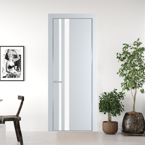 Межкомнатная дверь ProfilDoors 20 PE с вставкой из стекла монохром белый просветленный Вайт с алюминиевой кромкой Серебро