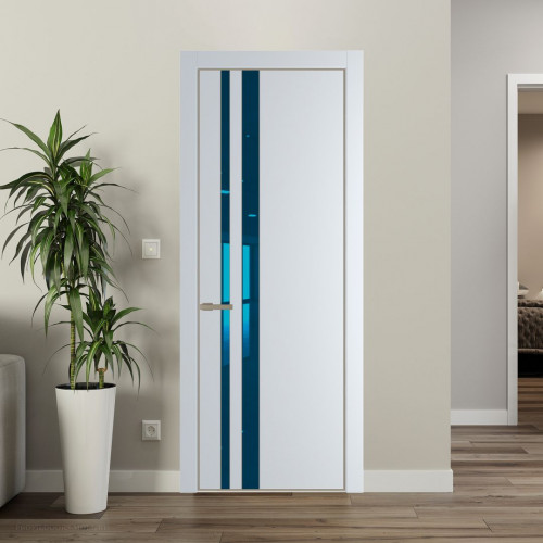 Межкомнатная дверь ProfilDoors 20 PE с вставкой из стекла зеркало blue Вайт с алюминиевой кромкой Никель