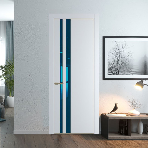 Межкомнатная дверь ProfilDoors 20 PE с вставкой из стекла зеркало blue Вайт с алюминиевой кромкой Шампань