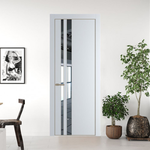 Межкомнатная дверь ProfilDoors 20 PE с вставкой из стекла зеркало Вайт с алюминиевой кромкой Никель