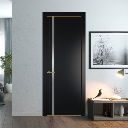 Межкомнатная дверь ProfilDoors 21 PE с вставкой из стекла серебро матлак Блэк с алюминиевой кромкой Золото