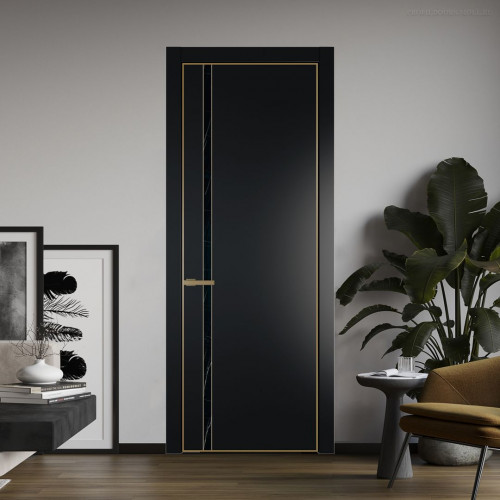 Межкомнатная дверь ProfilDoors 21 PE с вставкой из стекла неро мрамор Блэк с алюминиевой кромкой Золото