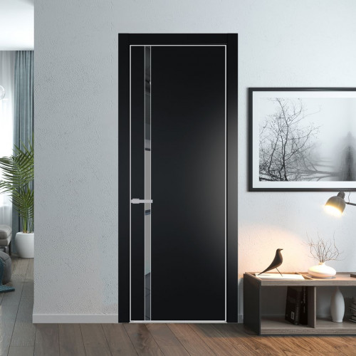 Межкомнатная дверь ProfilDoors 21 PE с вставкой из стекла зеркало grey Блэк с алюминиевой кромкой Матовая
