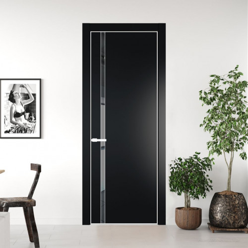 Межкомнатная дверь ProfilDoors 21 PE с вставкой из стекла зеркало grey Блэк с алюминиевой кромкой Вайт