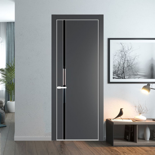 Межкомнатная дверь ProfilDoors 21 PE с вставкой из стекла черный лак Графит с алюминиевой кромкой Вайт