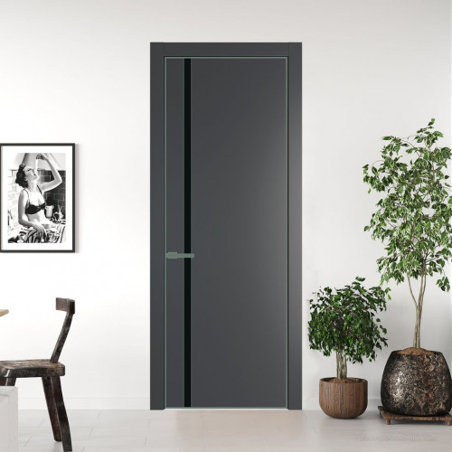 Межкомнатная дверь ProfilDoors 21 PE с вставкой из стекла монохром черный Графит с алюминиевой кромкой Зеленый воск