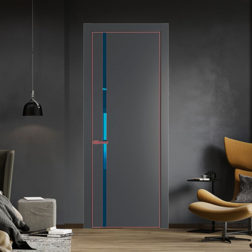 Межкомнатная дверь ProfilDoors 21 PE с вставкой из стекла зеркало blue Графит с алюминиевой кромкой Красный антрацит