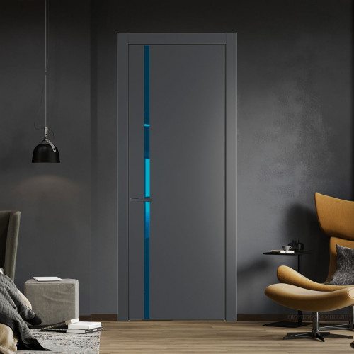 Межкомнатная дверь ProfilDoors 21 PE с вставкой из стекла зеркало blue Графит с алюминиевой кромкой Серая Ночь