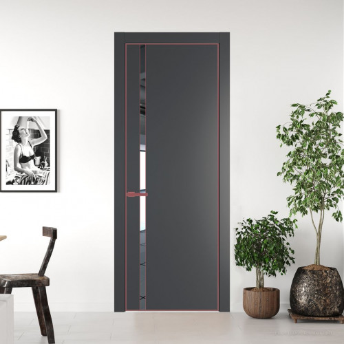 Межкомнатная дверь ProfilDoors 21 PE с вставкой из стекла зеркало Графит с алюминиевой кромкой Красный антрацит