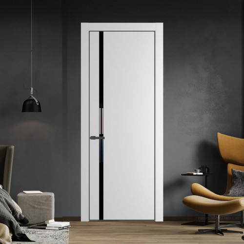 Межкомнатная дверь ProfilDoors 21 PE с вставкой из стекла черный лак Крем Вайт с алюминиевой кромкой Серая Ночь