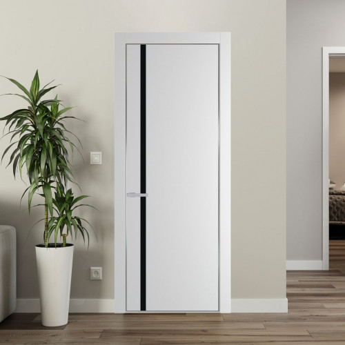 Межкомнатная дверь ProfilDoors 21 PE с вставкой из стекла монохром черный Крем Вайт с алюминиевой кромкой Серебро