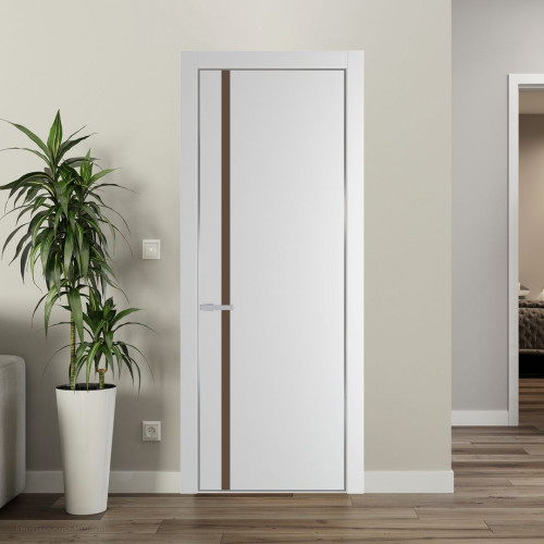 Межкомнатная дверь ProfilDoors 21 PE с вставкой из стекла монохром гляссе Крем Вайт с алюминиевой кромкой Серебро