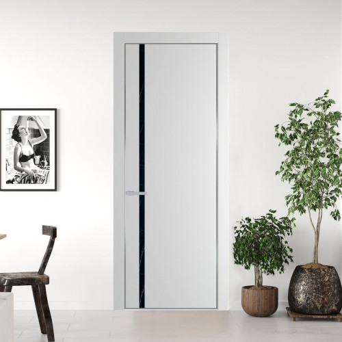 Межкомнатная дверь ProfilDoors 21 PE с вставкой из стекла неро мрамор Крем Вайт с алюминиевой кромкой Серебро