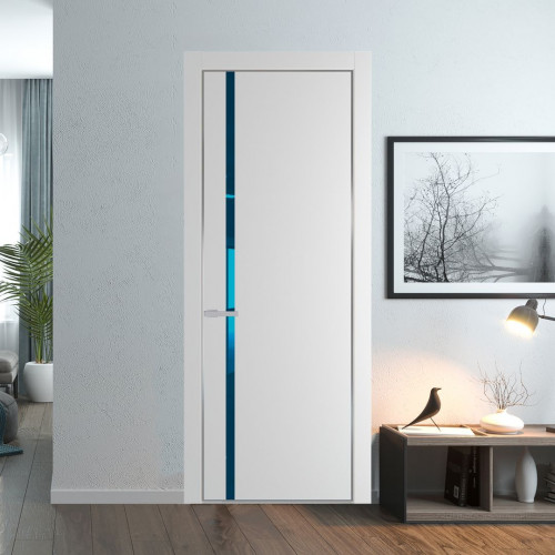 Межкомнатная дверь ProfilDoors 21 PE с вставкой из стекла зеркало blue Крем Вайт с алюминиевой кромкой Серебро