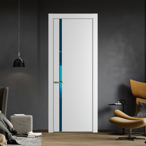 Межкомнатная дверь ProfilDoors 21 PE с вставкой из стекла зеркало blue Крем Вайт с алюминиевой кромкой Зеленый воск