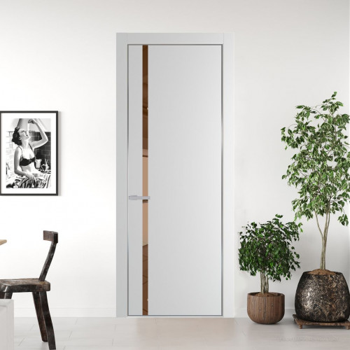 Межкомнатная дверь ProfilDoors 21 PE с вставкой из стекла зеркало bronze Крем Вайт с алюминиевой кромкой Серебро