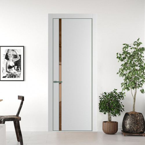 Межкомнатная дверь ProfilDoors 21 PE с вставкой из стекла зеркало bronze Крем Вайт с алюминиевой кромкой Зеленый воск