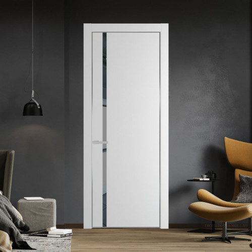 Межкомнатная дверь ProfilDoors 21 PE с вставкой из стекла зеркало grey Крем Вайт с алюминиевой кромкой Серебро
