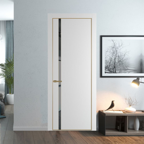 Межкомнатная дверь ProfilDoors 21 PE с вставкой из стекла зеркало grey Крем Вайт с алюминиевой кромкой Золото
