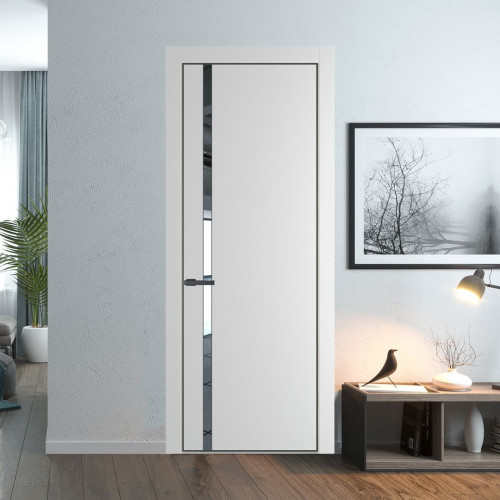 Межкомнатная дверь ProfilDoors 21 PE с вставкой из стекла зеркало Крем Вайт с алюминиевой кромкой Серая Ночь
