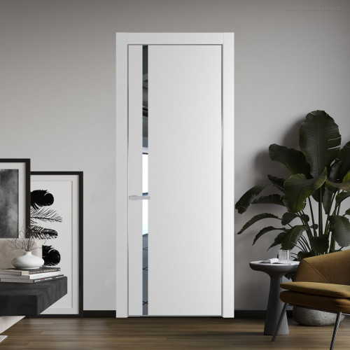 Межкомнатная дверь ProfilDoors 21 PE с вставкой из стекла зеркало Крем Вайт с алюминиевой кромкой Серебро