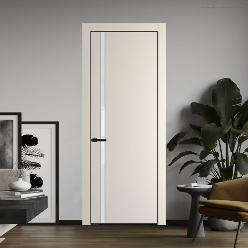 Межкомнатная дверь ProfilDoors 21 PE с вставкой из стекла белый лак Кремовая Магнолия с алюминиевой кромкой Черный