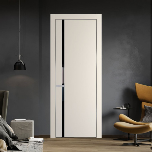 Межкомнатная дверь ProfilDoors 21 PE с вставкой из стекла черный лак Кремовая Магнолия с алюминиевой кромкой Серебро