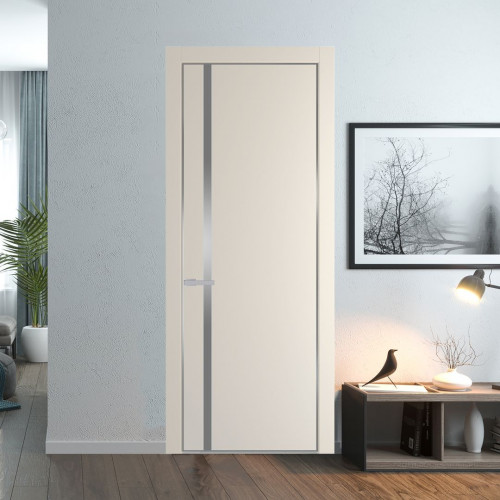 Межкомнатная дверь ProfilDoors 21 PE с вставкой из стекла серебро матлак Кремовая Магнолия с алюминиевой кромкой Серебро