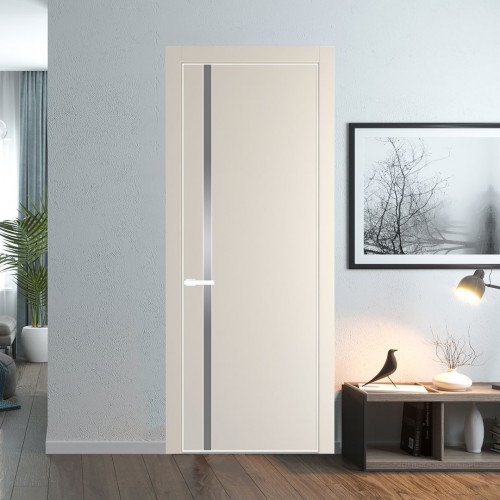 Межкомнатная дверь ProfilDoors 21 PE с вставкой из стекла серебро матлак Кремовая Магнолия с алюминиевой кромкой Вайт