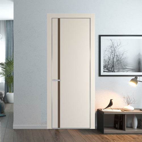 Межкомнатная дверь ProfilDoors 21 PE с вставкой из стекла монохром гляссе Кремовая Магнолия с алюминиевой кромкой Серебро