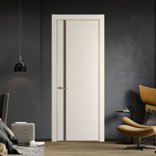 Межкомнатная дверь ProfilDoors 21 PE с вставкой из стекла монохром гляссе Кремовая Магнолия с алюминиевой кромкой Золото
