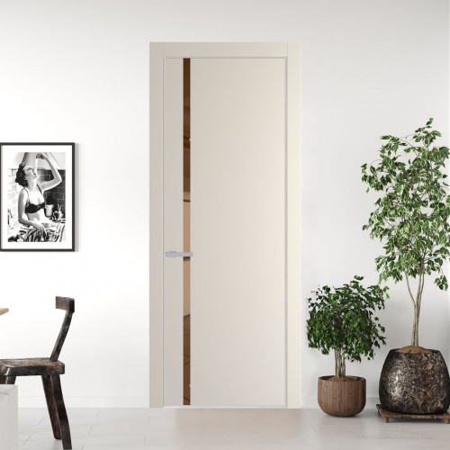 Межкомнатная дверь ProfilDoors 21 PE с вставкой из стекла зеркало bronze Кремовая Магнолия с алюминиевой кромкой Матовая