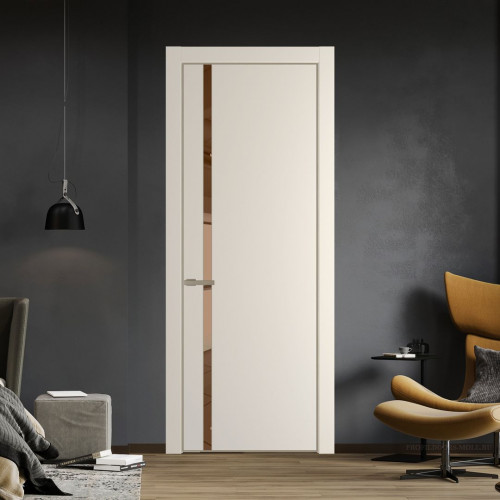 Межкомнатная дверь ProfilDoors 21 PE с вставкой из стекла зеркало bronze Кремовая Магнолия с алюминиевой кромкой Никель
