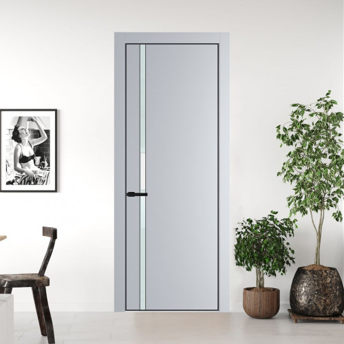 Межкомнатная дверь ProfilDoors 21 PE с вставкой из стекла белый лак Лайт Грей с алюминиевой кромкой Черный