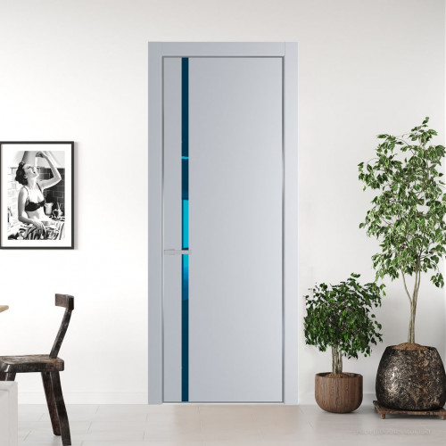 Межкомнатная дверь ProfilDoors 21 PE с вставкой из стекла зеркало blue Лайт Грей с алюминиевой кромкой Серебро