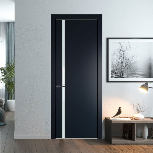 Межкомнатная дверь ProfilDoors 21 PE с вставкой из стекла белый лак Нэви Блу с алюминиевой кромкой Серая Ночь