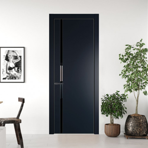 Межкомнатная дверь ProfilDoors 21 PE с вставкой из стекла черный лак Нэви Блу с алюминиевой кромкой Серая Ночь