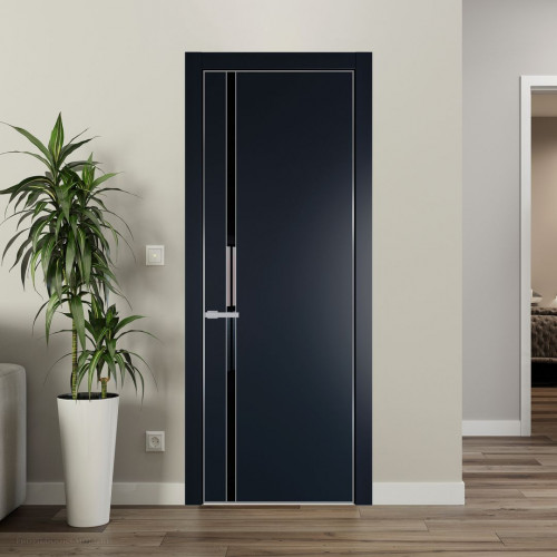 Межкомнатная дверь ProfilDoors 21 PE с вставкой из стекла черный лак Нэви Блу с алюминиевой кромкой Серебро