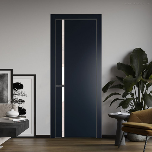 Межкомнатная дверь ProfilDoors 21 PE с вставкой из стекла перламутровый лак Нэви Блу с алюминиевой кромкой Серая Ночь