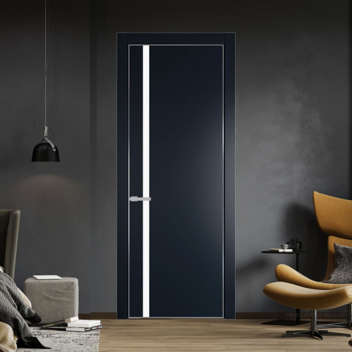Межкомнатная дверь ProfilDoors 21 PE с вставкой из стекла монохром белый просветленный Нэви Блу с алюминиевой кромкой Серебро