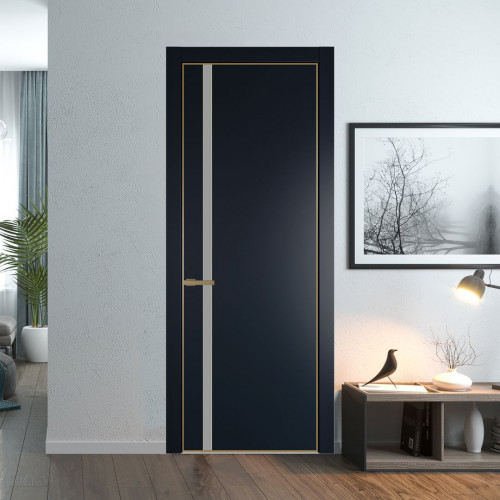 Межкомнатная дверь ProfilDoors 21 PE с вставкой из стекла монохром серый Нэви Блу с алюминиевой кромкой Золото