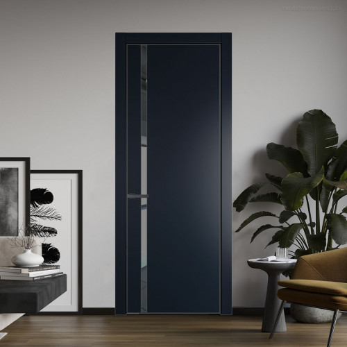 Межкомнатная дверь ProfilDoors 21 PE с вставкой из стекла зеркало grey Нэви Блу с алюминиевой кромкой Серая Ночь