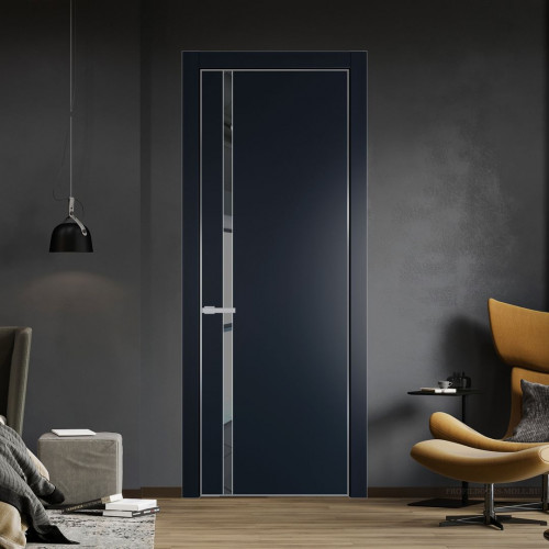 Межкомнатная дверь ProfilDoors 21 PE с вставкой из стекла зеркало grey Нэви Блу с алюминиевой кромкой Серебро