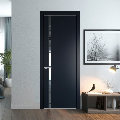 Межкомнатная дверь ProfilDoors 21 PE с вставкой из стекла зеркало Нэви Блу с алюминиевой кромкой Серебро