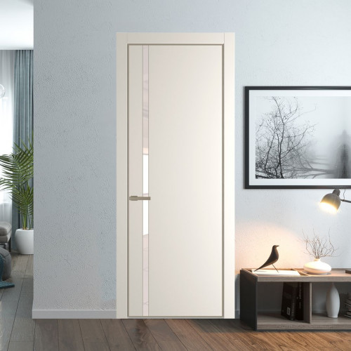 Межкомнатная дверь ProfilDoors 21 PE с вставкой из стекла перламутровый лак Перламутр белый с алюминиевой кромкой Никель