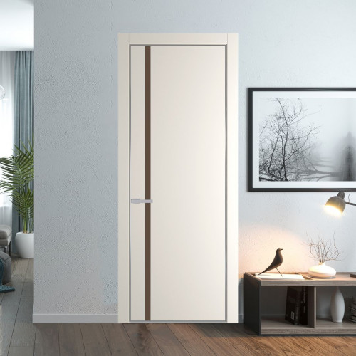 Межкомнатная дверь ProfilDoors 21 PE с вставкой из стекла монохром гляссе Перламутр белый с алюминиевой кромкой Серебро