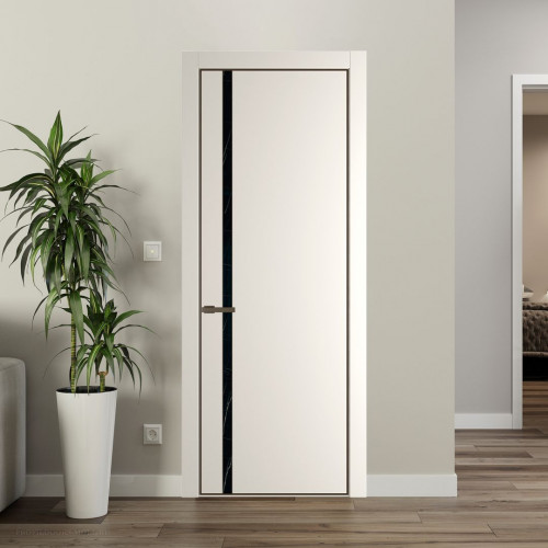 Межкомнатная дверь ProfilDoors 21 PE с вставкой из стекла неро мрамор Перламутр белый с алюминиевой кромкой Деорэ