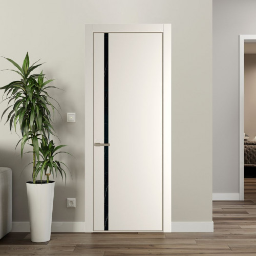 Межкомнатная дверь ProfilDoors 21 PE с вставкой из стекла неро мрамор Перламутр белый с алюминиевой кромкой Никель