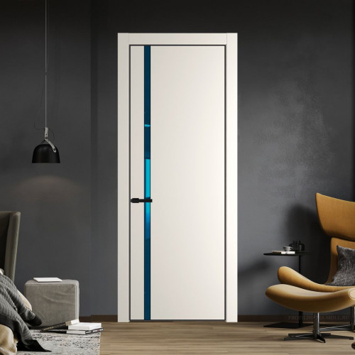 Межкомнатная дверь ProfilDoors 21 PE с вставкой из стекла зеркало blue Перламутр белый с алюминиевой кромкой Черный