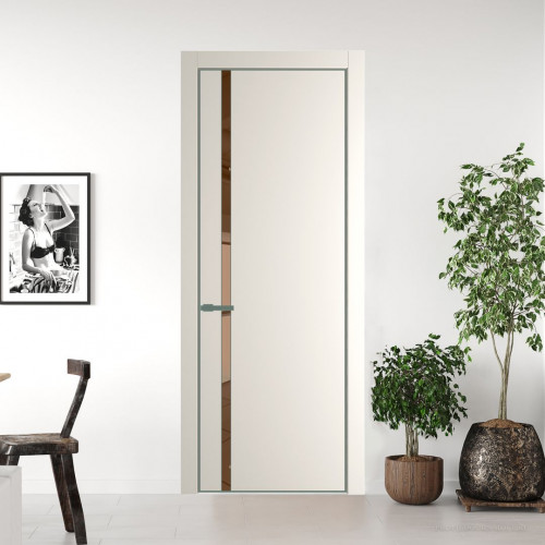 Межкомнатная дверь ProfilDoors 21 PE с вставкой из стекла зеркало bronze Перламутр белый с алюминиевой кромкой Зеленый воск